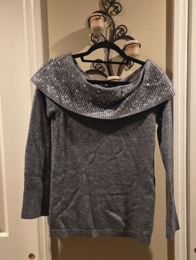 White House Black Market Gray Off-the-Shoulder Sweater with Sparkle Collar